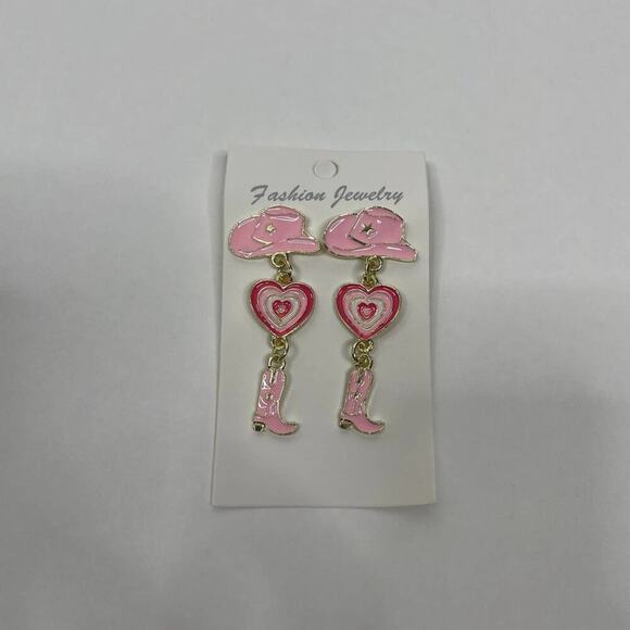 2/$24 NEW Pink Cowgirl Earrings Post Gold Tone Cowboy Boots Hat 158 - Picture 5 of 8